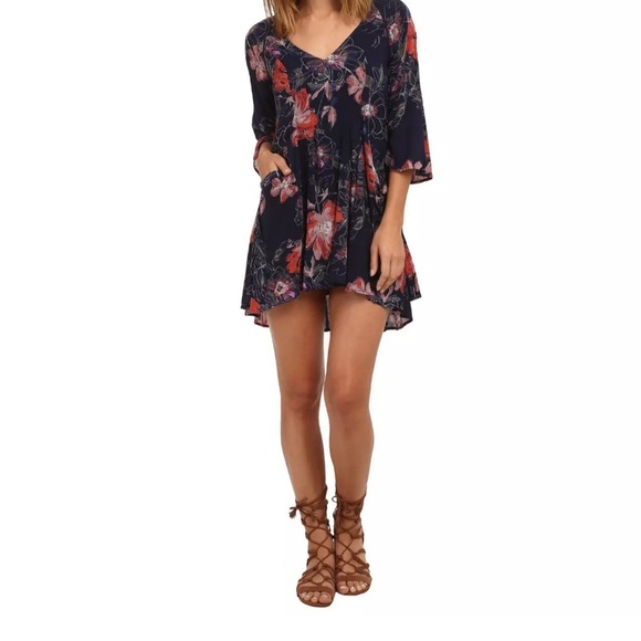 Free People Womens Indie Boho Navy Fairy Floral Trapeze 2 Dress Romantic Grunge - Picture 5 of 17